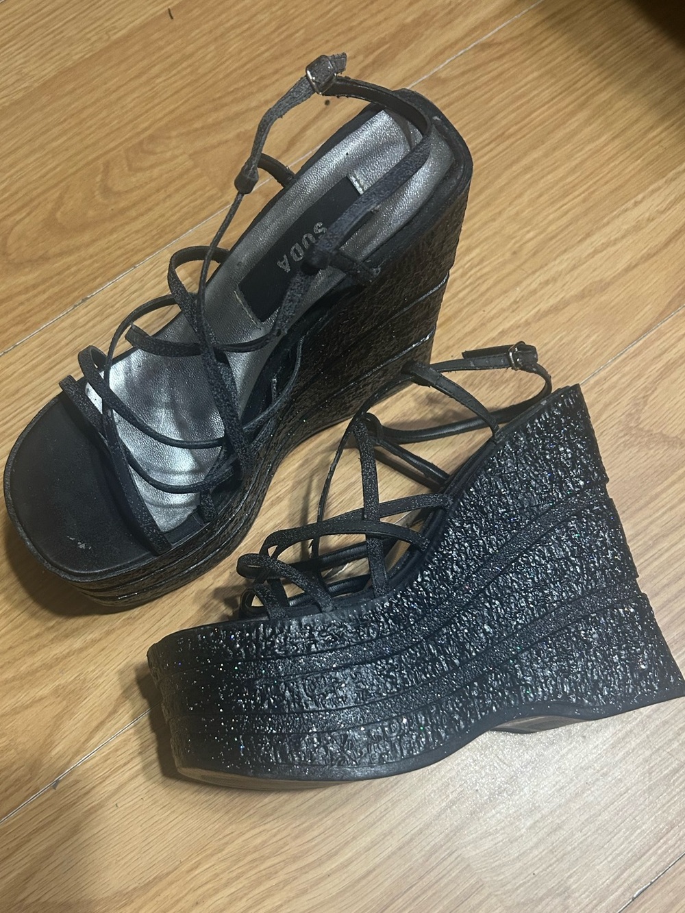 y2k Soda adjustable multi-strap black glitter chunky platform wedges ladies 7